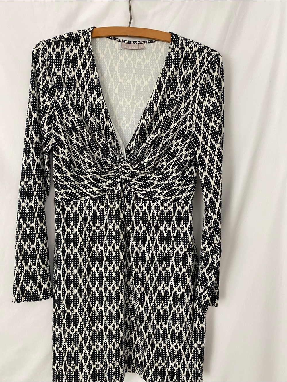 Patterned Black and White Twist-Front Long Sleeve Dress